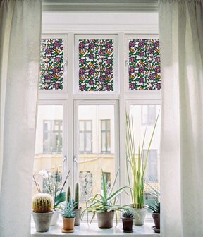 Raamfolie glas in lood paarse bloem (45cm)