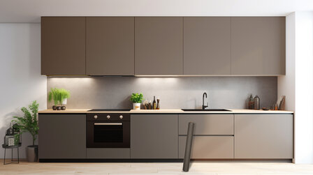 plakfolie taupe op keukenkastjes keuken