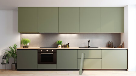 plakfolie sage green op kastjes keuken