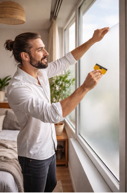 jonge man brengt raamfolie slaapkamer aan